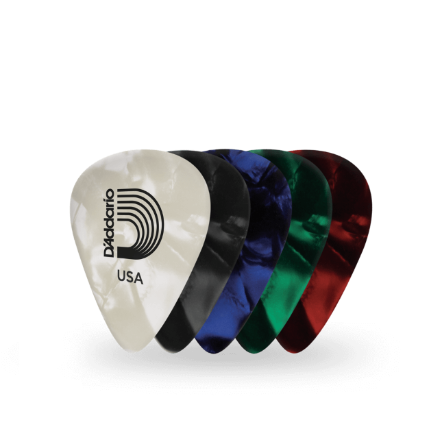 daddario_celluloid_picks.png Πένες D'Addario Classic Pearl Celluloid 5-Pack (0.5mm, 0.7mm & 1.0mm) - Image 1